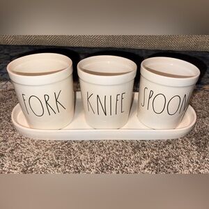 RAE DUNN Ceramic White Utensil Holder 4PC Set FORK KNIFE SPOON